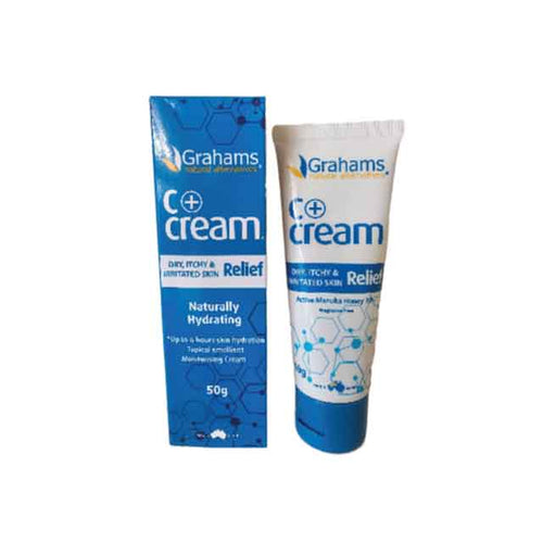 Grahams C+ Cream for dry skin in a 50g tube packaging designed for natural hydration and relief