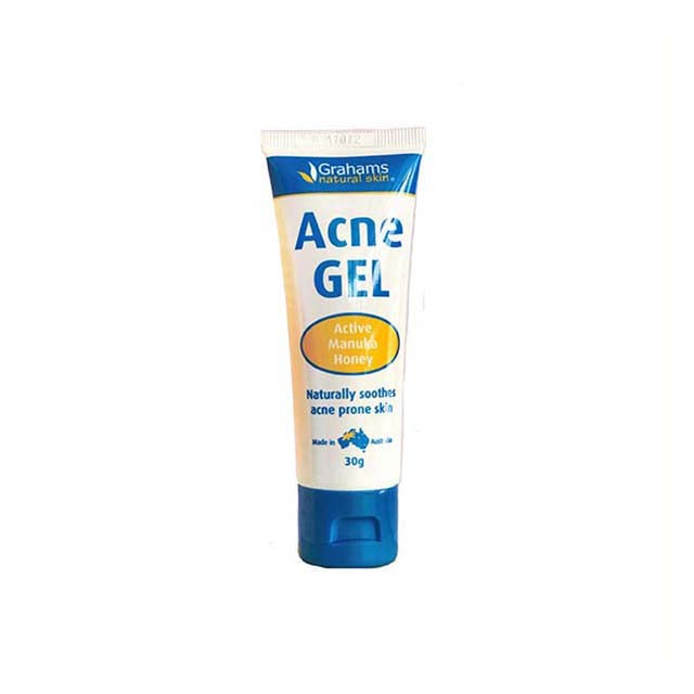 Grahams Natural acne gel in a squeeze tube, featuring active manuka honey for soothing acne-prone skin