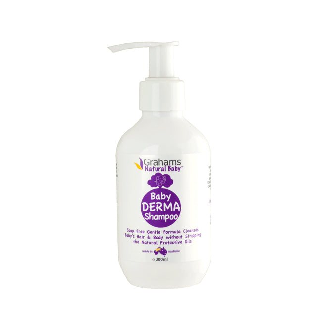 Grahams Natural Baby Derma Shampoo in a pump bottle, designed for gentle cleansing of baby hair and skin