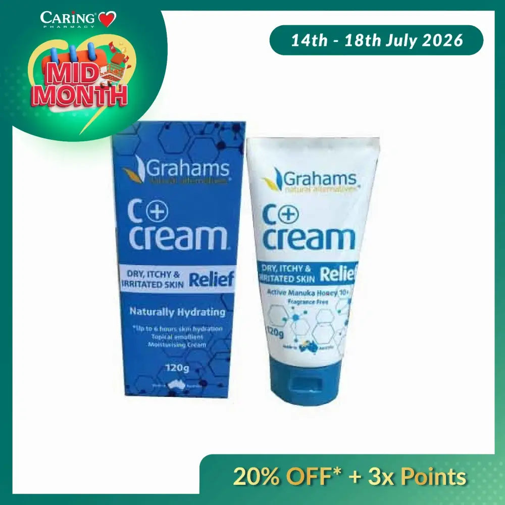 Grahams C+ Cream for dry skin in a 120g tube, designed for hydration and relief of irritation