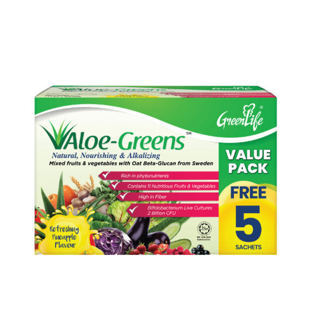 Greenlife Aloe Greens supplement Value Pack featuring 5 sachets with natural fruits and vegetables