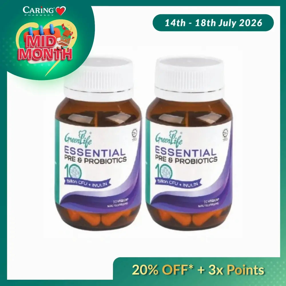 Greenlife pre and probiotics capsules in a pack of two for gut health and digestion support