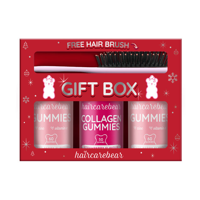 Haircarebear Christmas gift pack including collagen gummies and a free hairbrush in a festive box