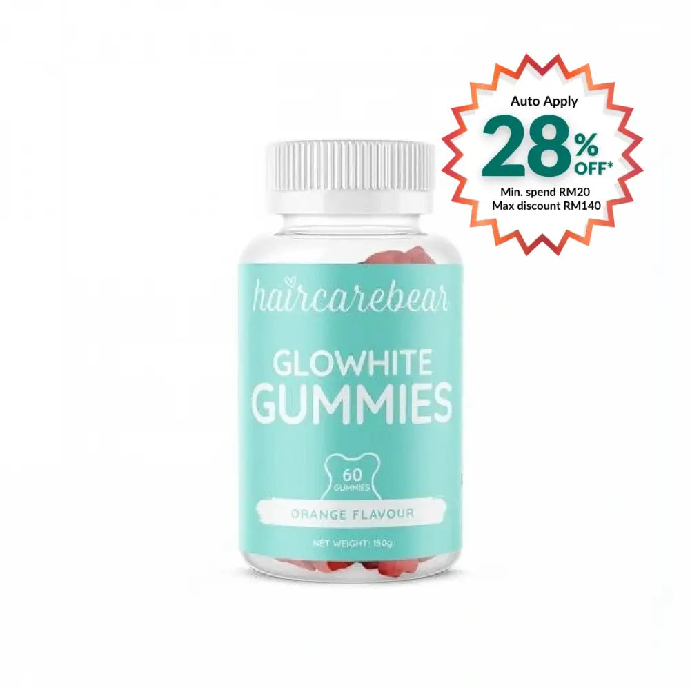 Haircarebear Glowwhite gummies in a clear bottle with 60 orange-flavored gummies for healthy hair