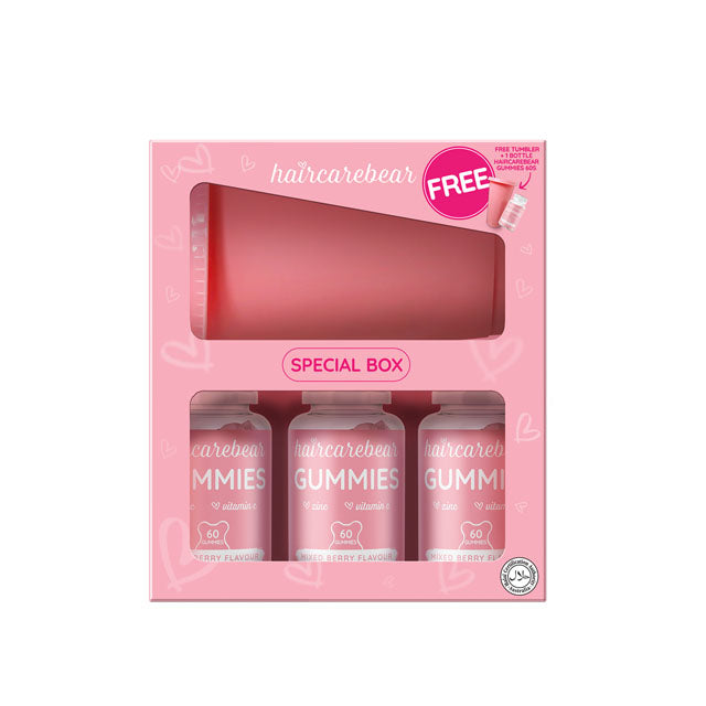 Haircarebear gummies special box with three jars of strawberry flavor gummies for hair health