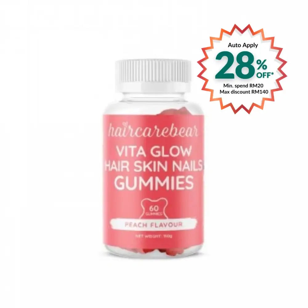 Hair Care Bear Vita Glow Hair Skin Nails Gummies in peach flavor, 60 count bottle