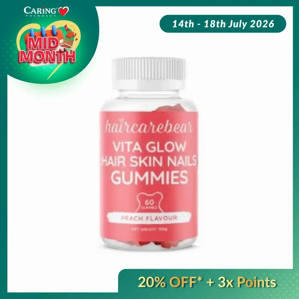 Hair Care Bear Vita Glow Hair Skin Nails Gummies in peach flavor, 60 count bottle
