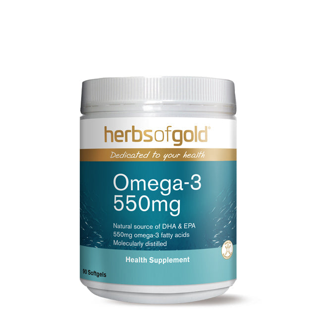 Herbs of Gold Omega-3 550mg white plastic jar of 60 softgels blue label DHA and EPA supplement