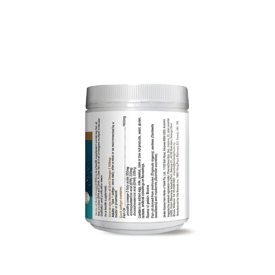 Herbs of Gold Omega-3 550mg white plastic jar with side label showing ingredients and dosage information