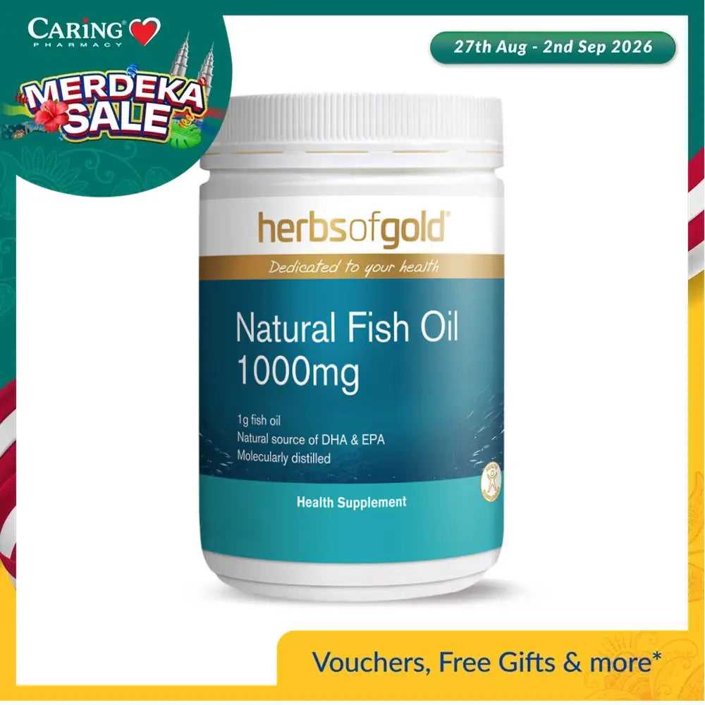 HERBS OF GOLD natural fish oil supplement 1000mg white jar with label DHA and EPA source