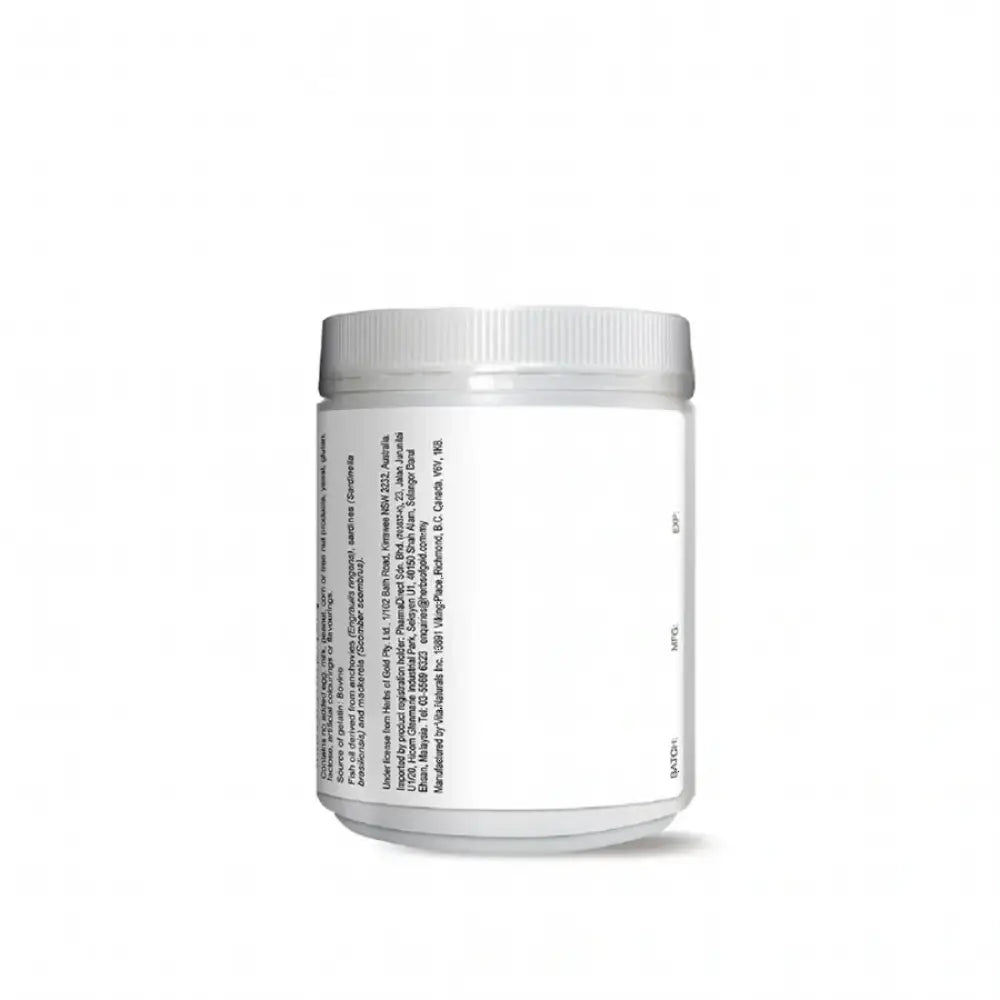 Herbs of Gold Omega-3 550mg white supplement jar with screw lid and side label text