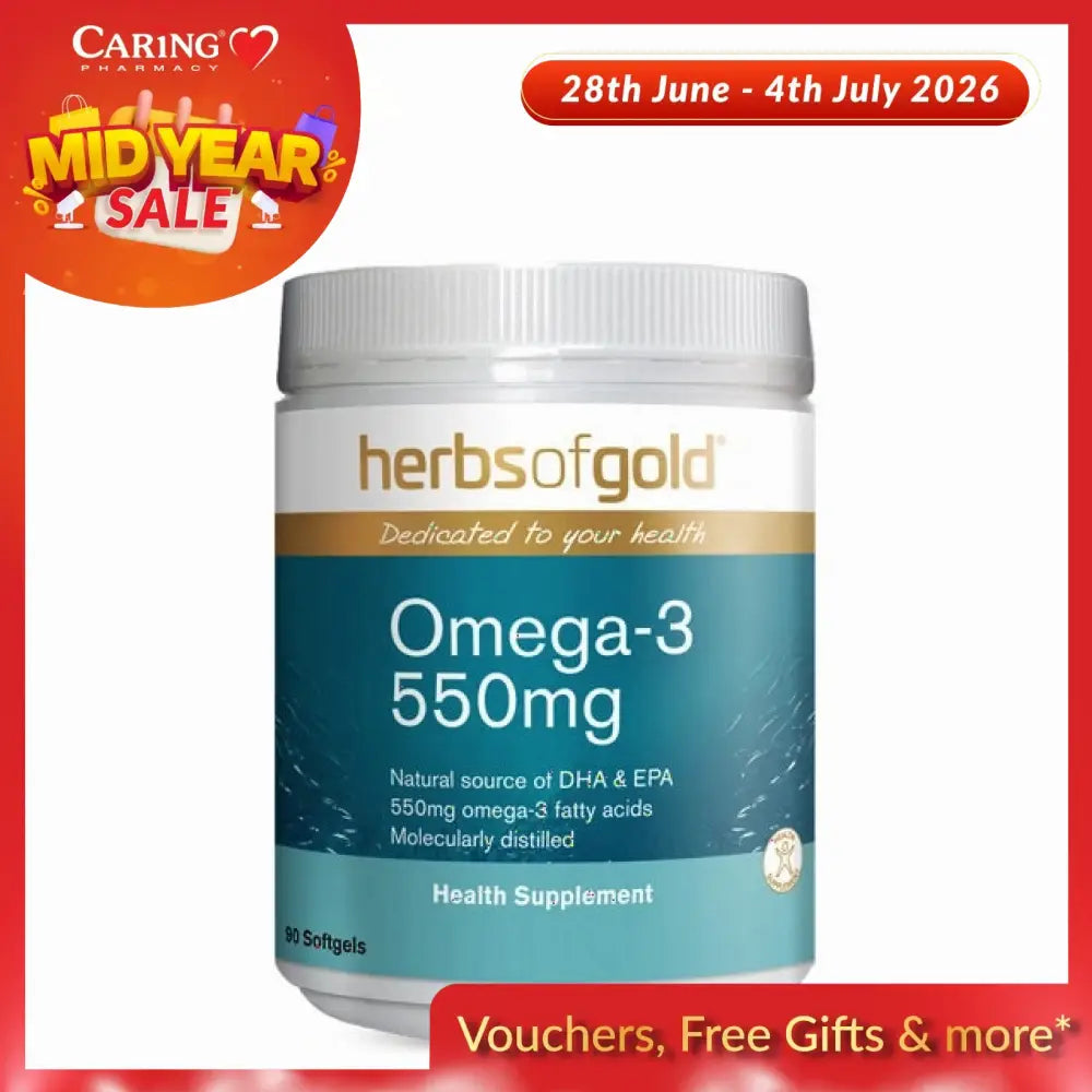 Herbs of Gold Omega-3 550mg white plastic jar of 60 softgels blue label DHA and EPA supplement