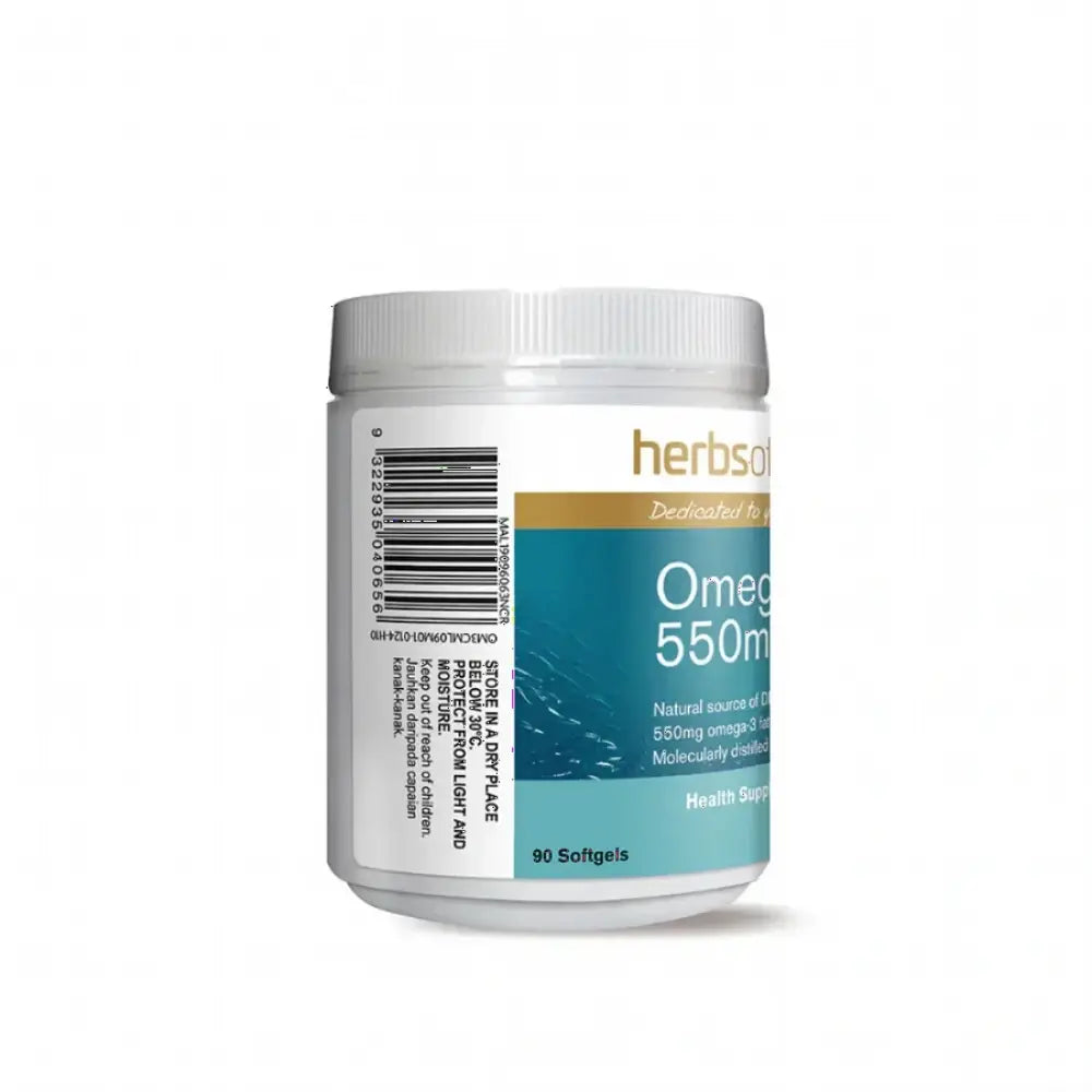 Herbs of Gold Omega-3 550mg white plastic bottle of 90 softgels with blue label