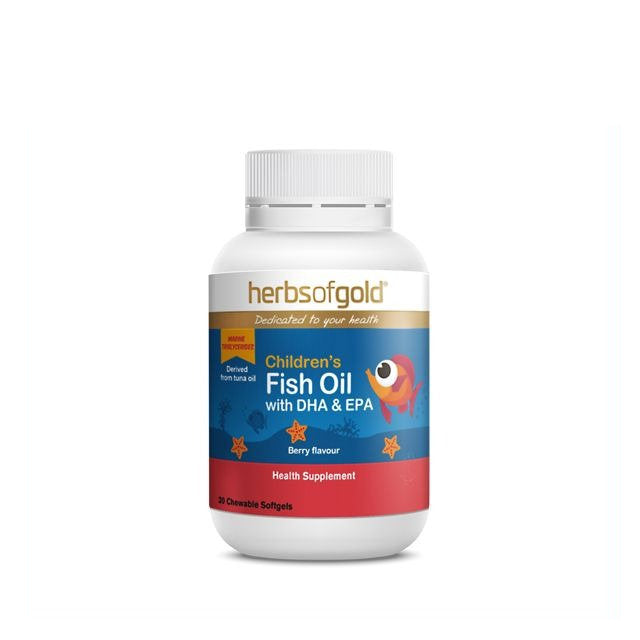 Herbs of Gold children's fish oil supplement bottle with DHA and EPA berry flavor chewable softgels