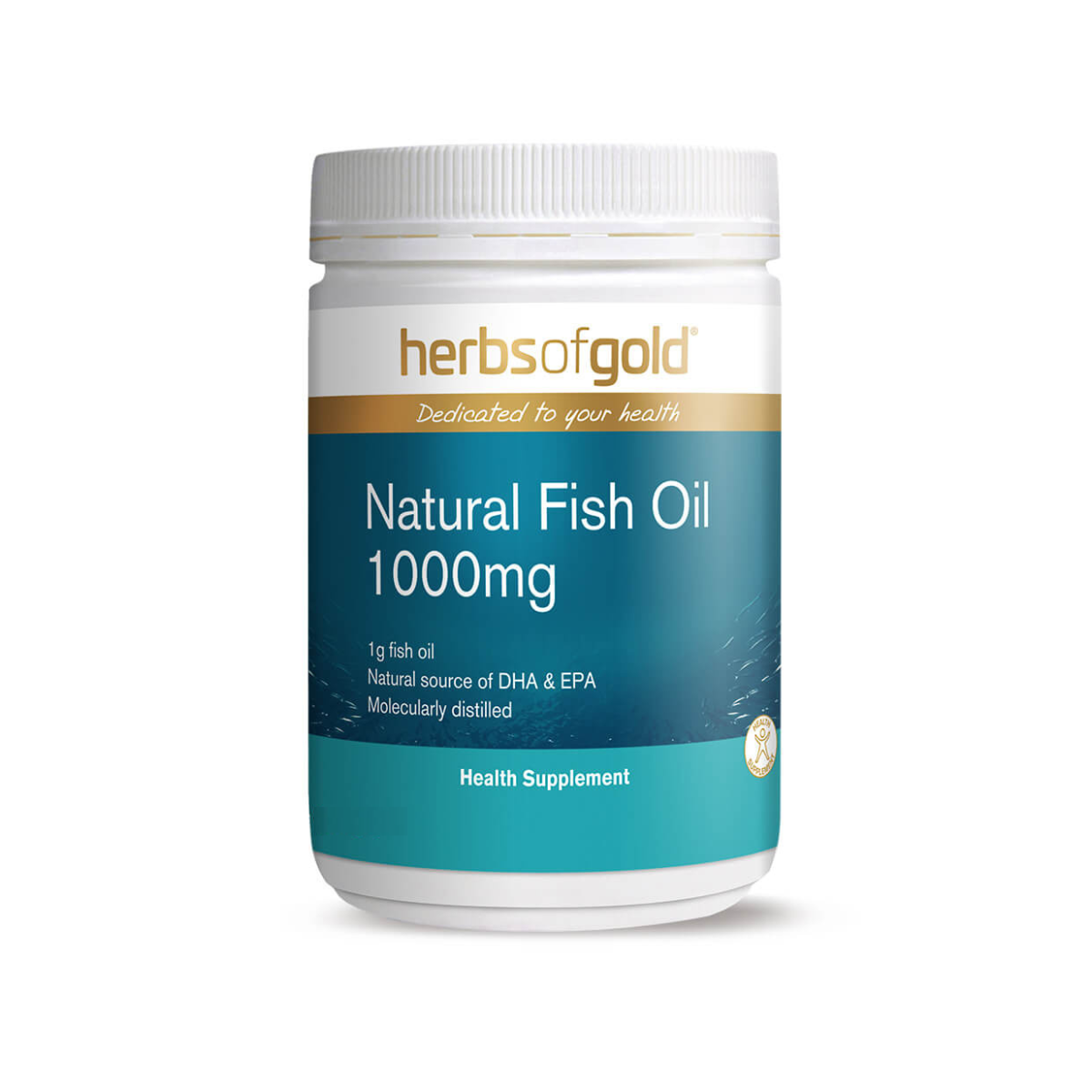 HERBS OF GOLD natural fish oil supplement 1000mg white jar with label DHA and EPA source