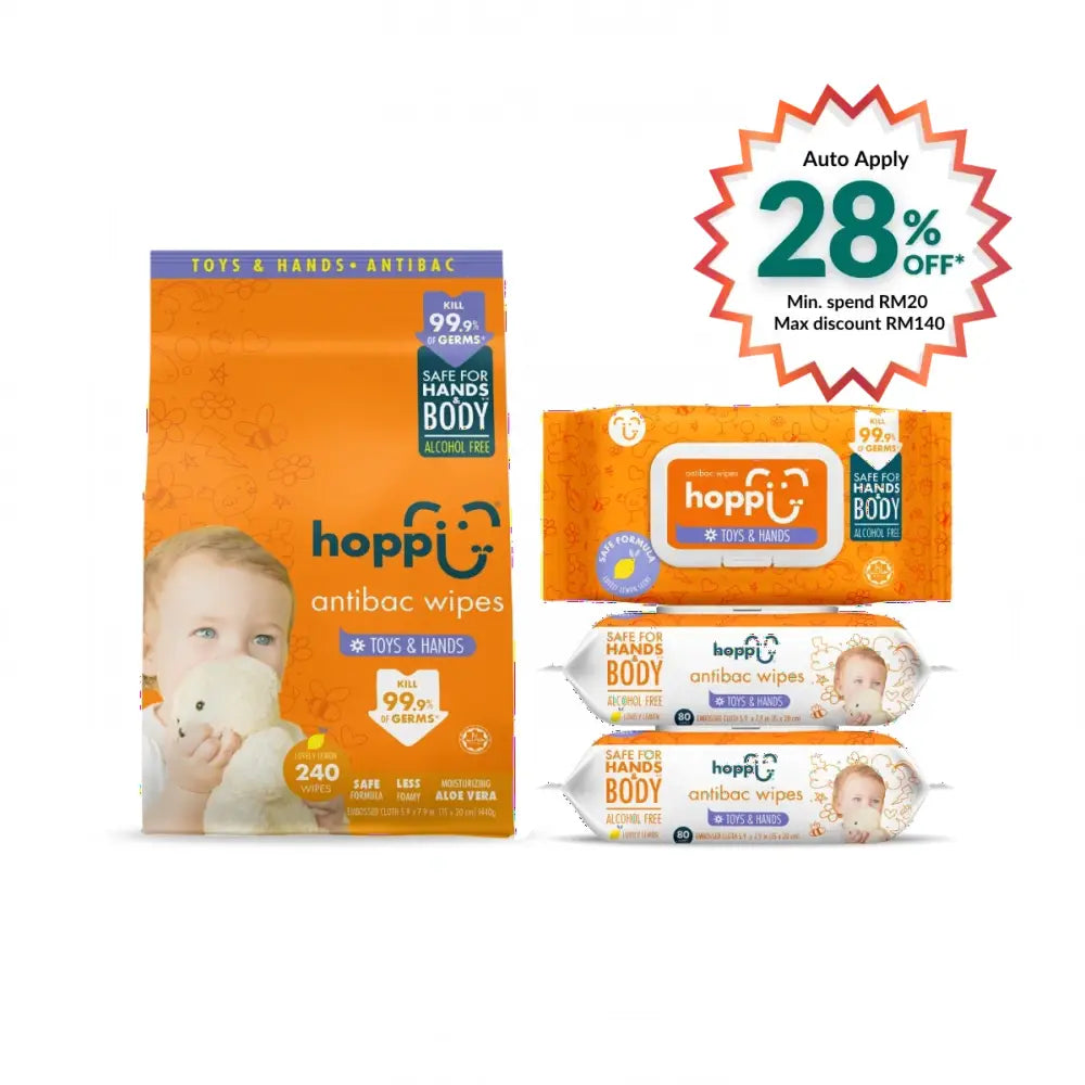 HOPPI antibacterial wipes bundle featuring 240 wipes safe for hands and body, alcohol-free and effective against germs