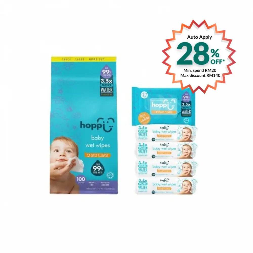 HOPPI baby wet wipes pack with 100 wipes, featuring plant-based ingredients and 99% water content