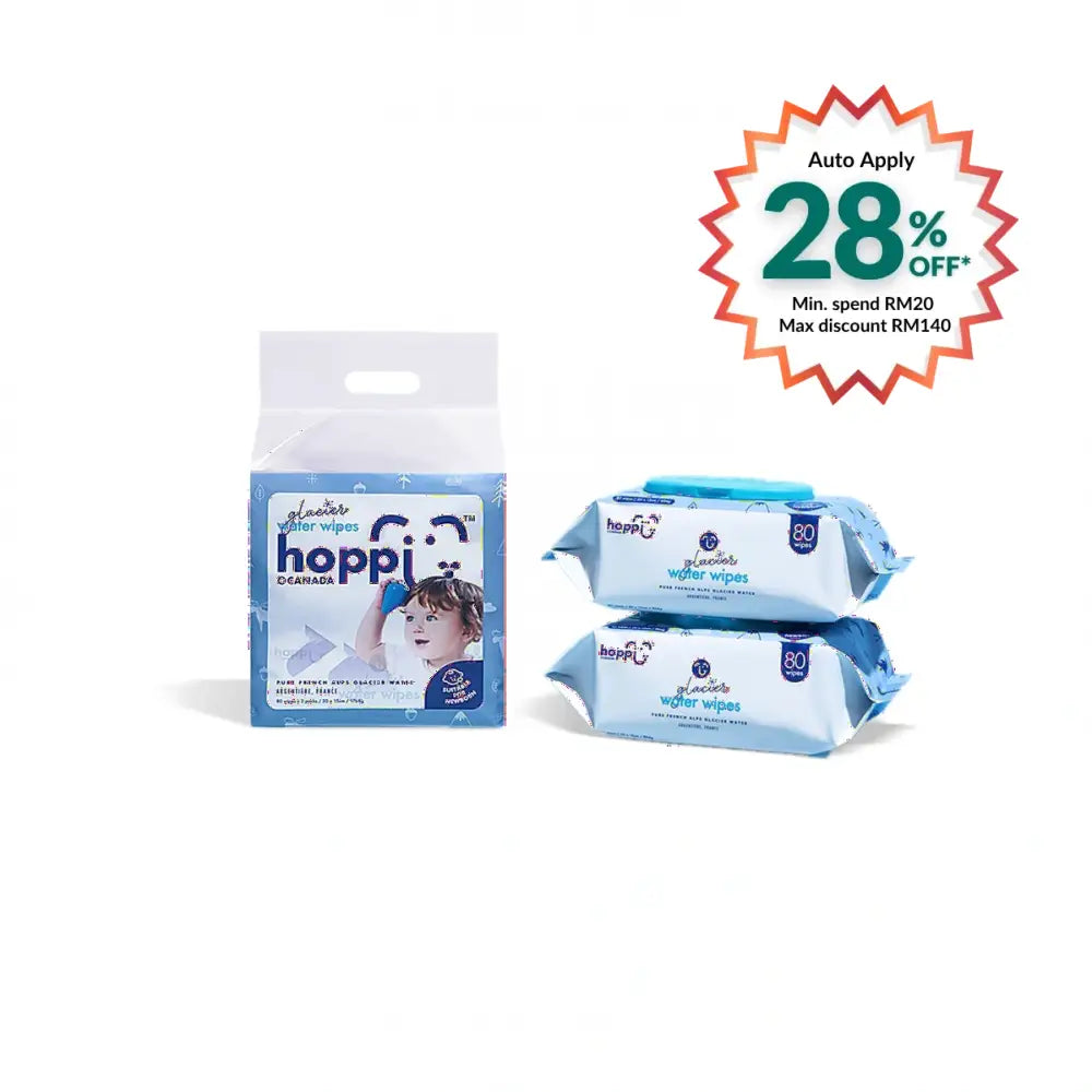 Hoppi glacier water baby wipes in a pack of 80, gently cleans and hydrates baby skin