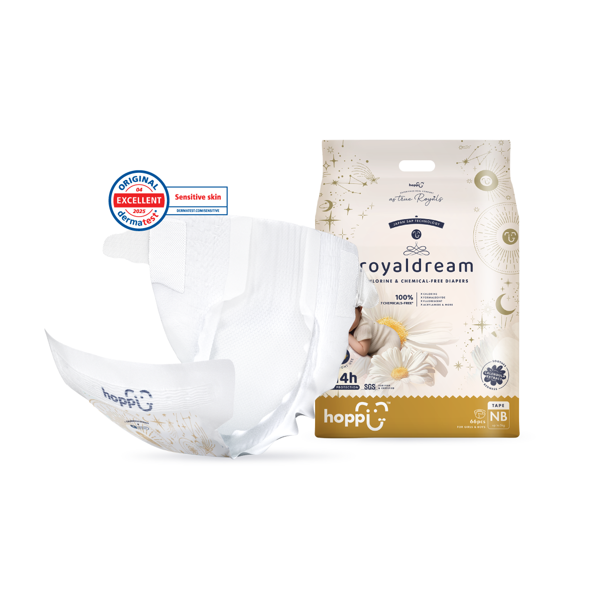 HOPPI Royal Dream newborn diapers pack featuring soft, breathable design for sensitive skin