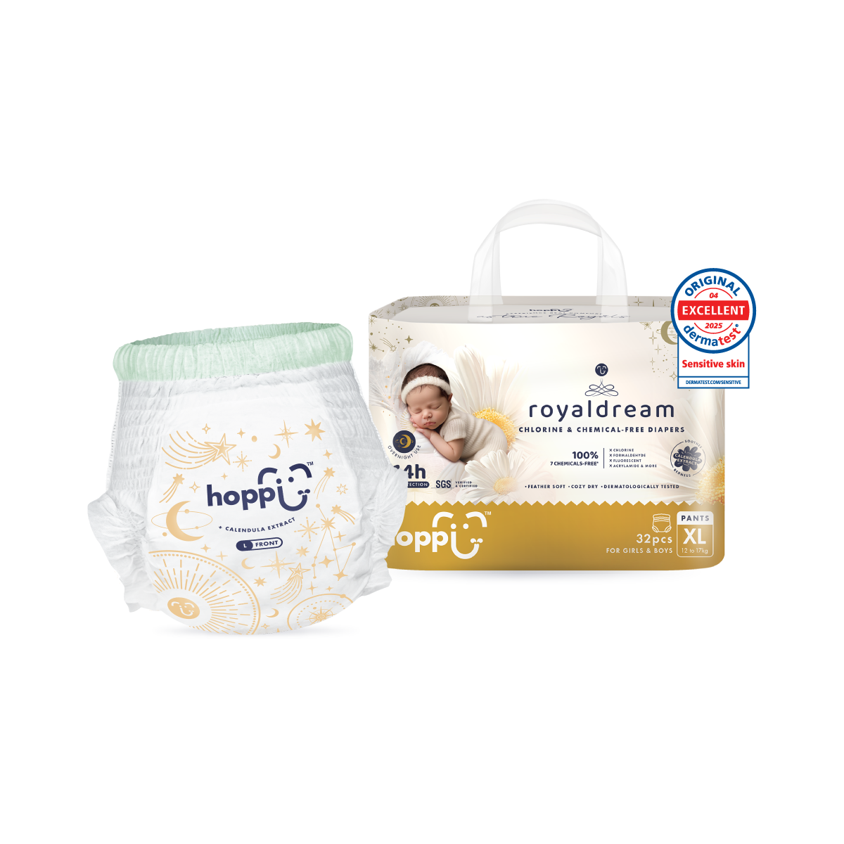 Hoppi Royal Dream Pants Diapers XL in a pack of 32 with soft materials for sensitive skin