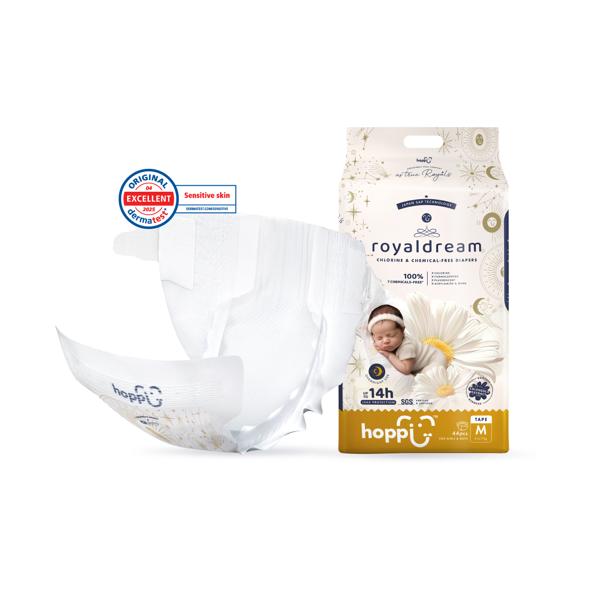 HOPPI Royal Dream tape diapers M size with soft material for sensitive skin and excellent comfort