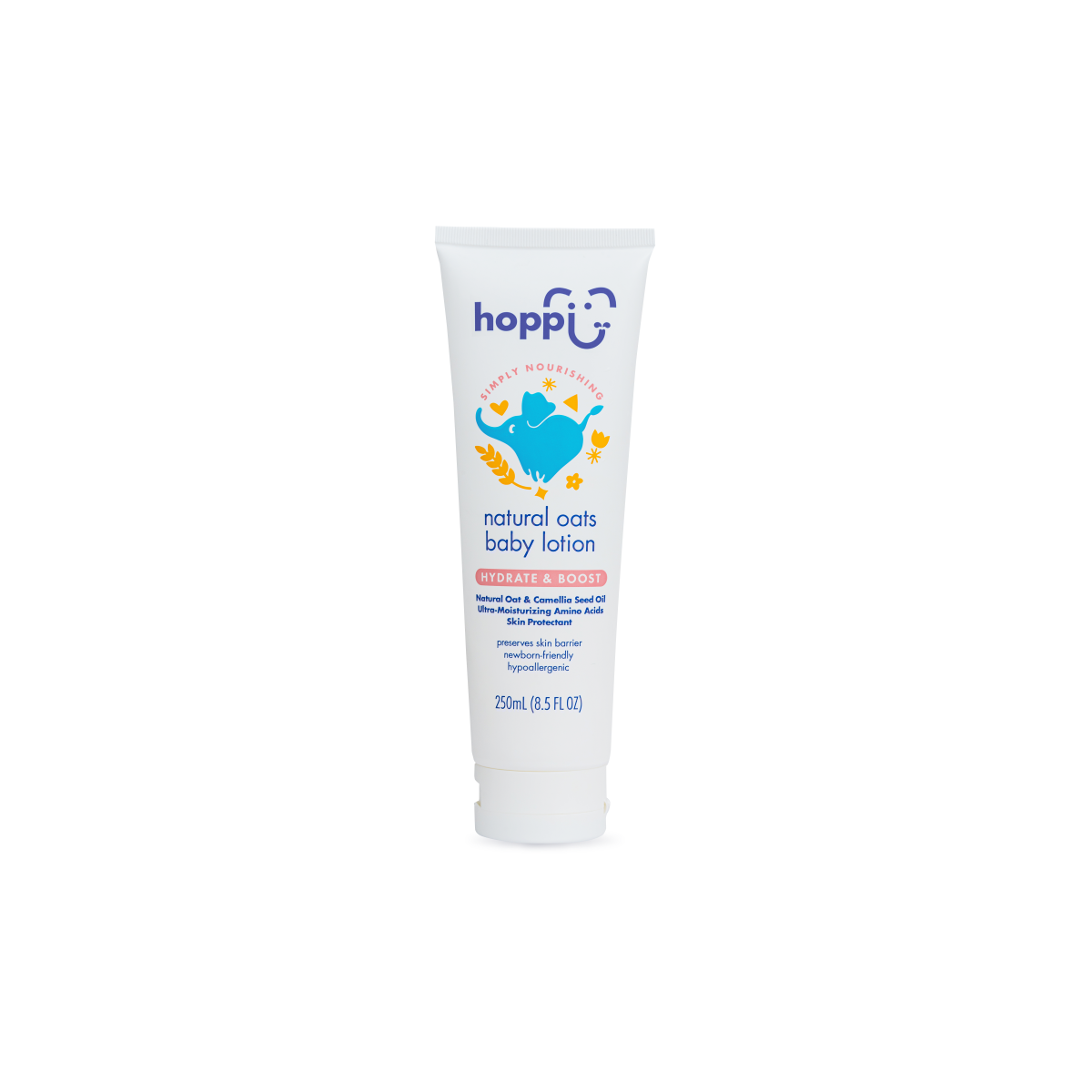 HOPPI natural oats baby lotion in a white tube for gentle skin hydration and nourishment