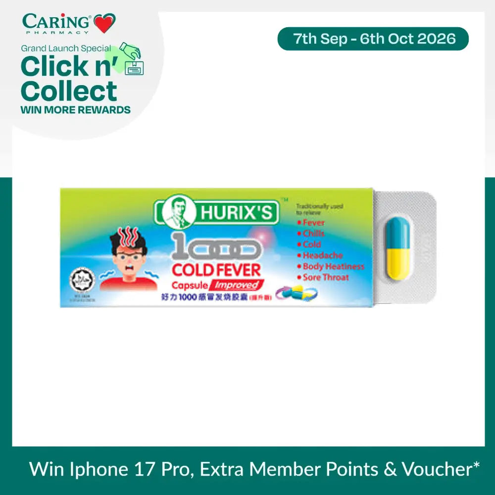 HURIXS cold and fever relief capsules in packaging for relief from fever, chills, and headaches