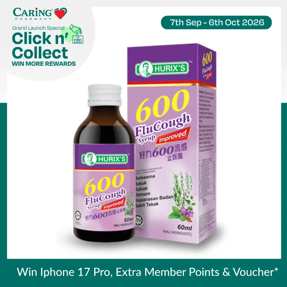 Hurixs 600 Flucough syrup for cough relief in a 60ml bottle with a colorful box packaging