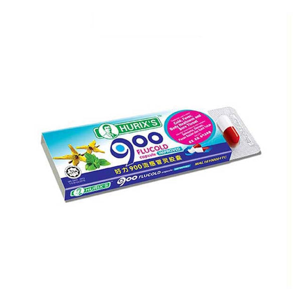Hurixs 900 Flucold Capsule packaging featuring herbal ingredients for cold relief