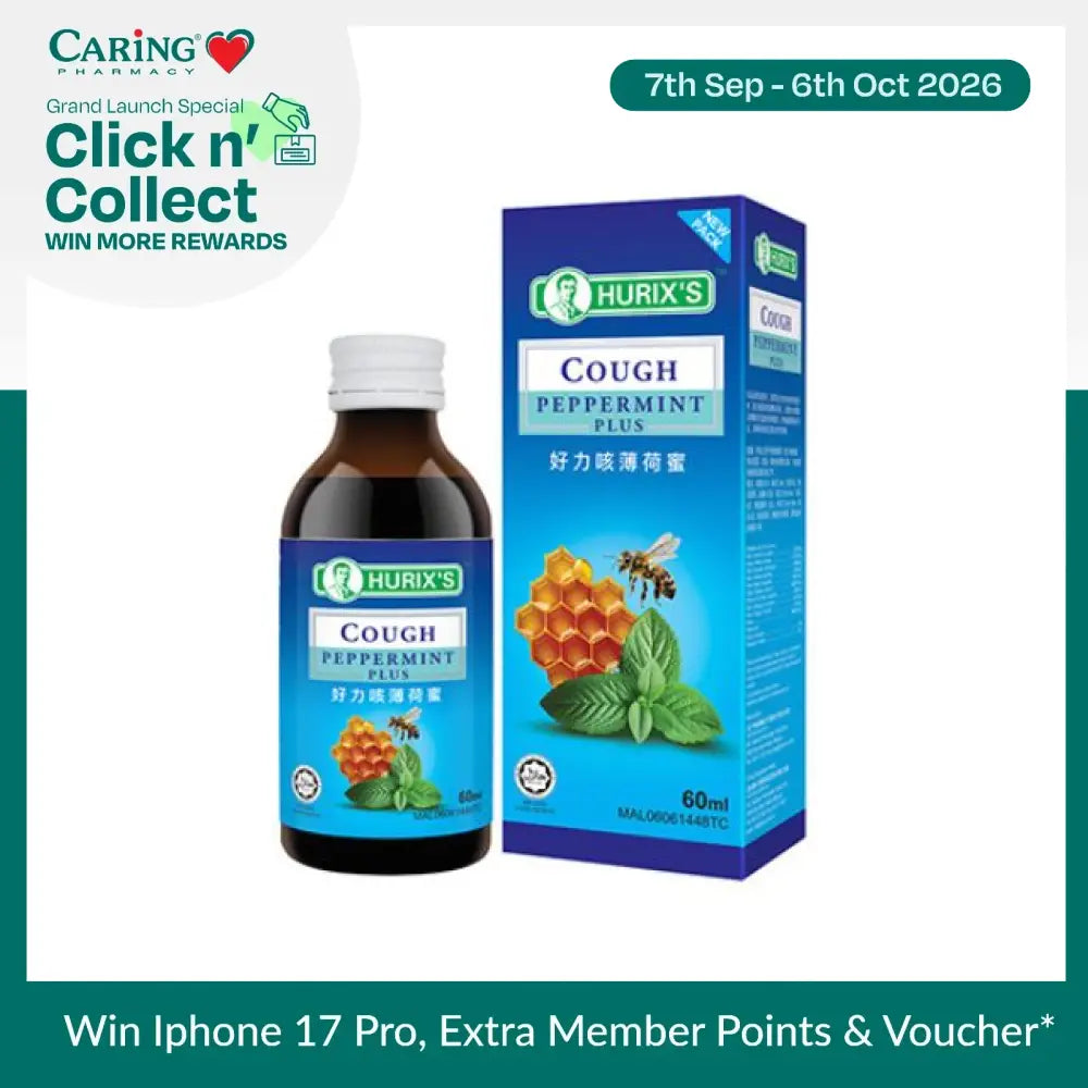 Hurixs Cough Peppermint Plus syrup in a 60ml bottle with a blue box for soothing cough relief