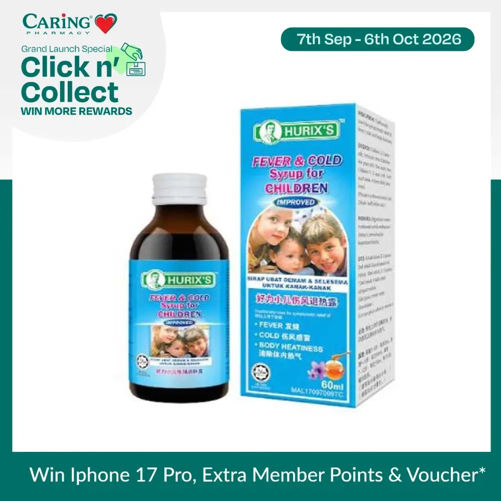 HURIXS children's fever and cold syrup in a 60ml bottle for alleviating fever and cold symptoms