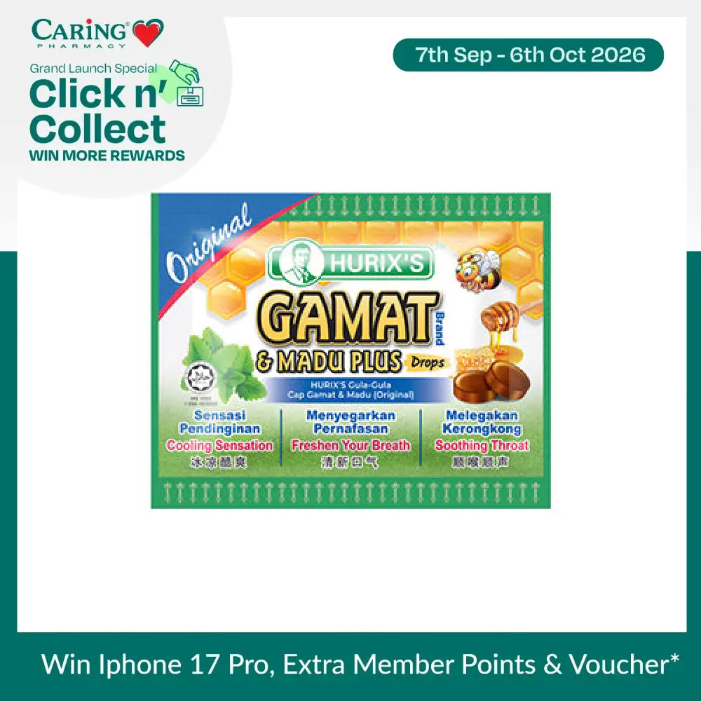 Hurix's Gamat Madu Plus Drops packaging featuring cooling sensation and soothing throat benefits