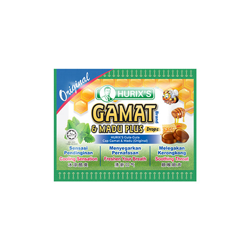 Hurix's Gamat Madu Plus Drops packaging featuring cooling sensation and soothing throat benefits