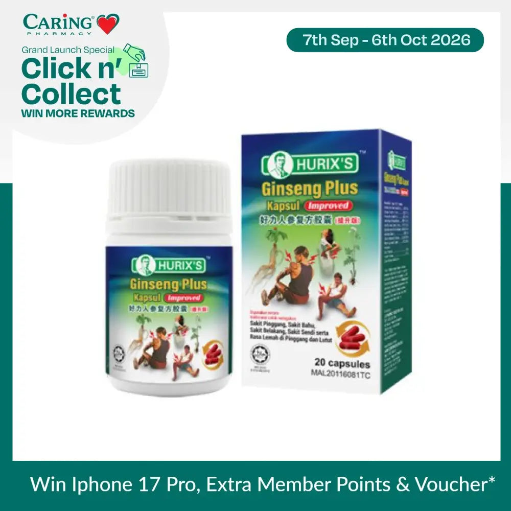 Hurixs Ginseng Plus capsules in a white bottle with 20 capsules for enhanced vitality