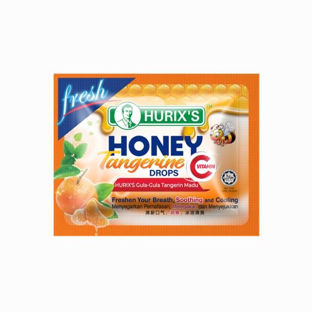 Hurixs honey tangerine drops packaged with citrus flavor and vitamin benefits for fresh breath