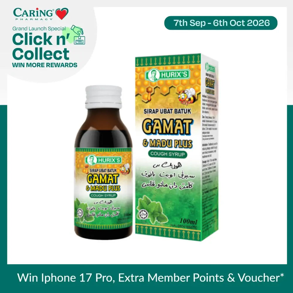 HURIXS Gamat and Madu Plus Herbal Cough Syrup Malaysia in a 100ml bottle for effective relief