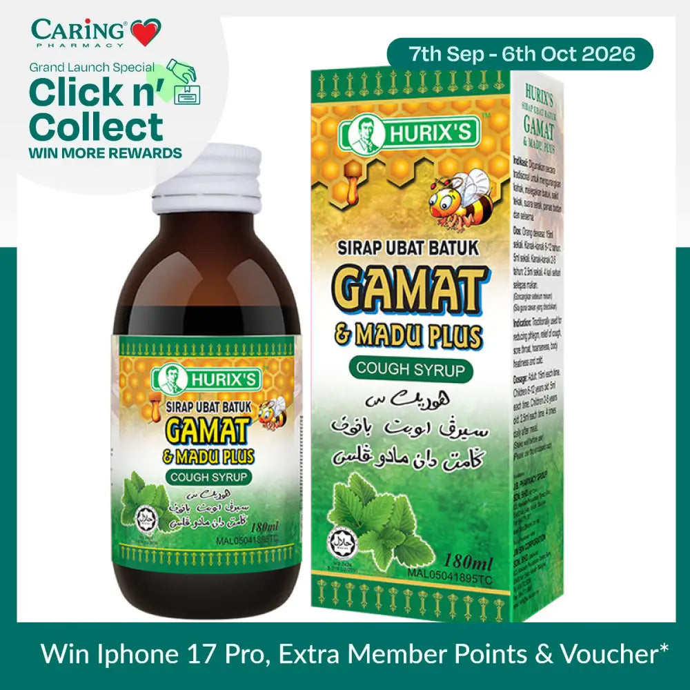 Hurixs Gamat and Madu cough syrup in a 180ml bottle for soothing cough relief