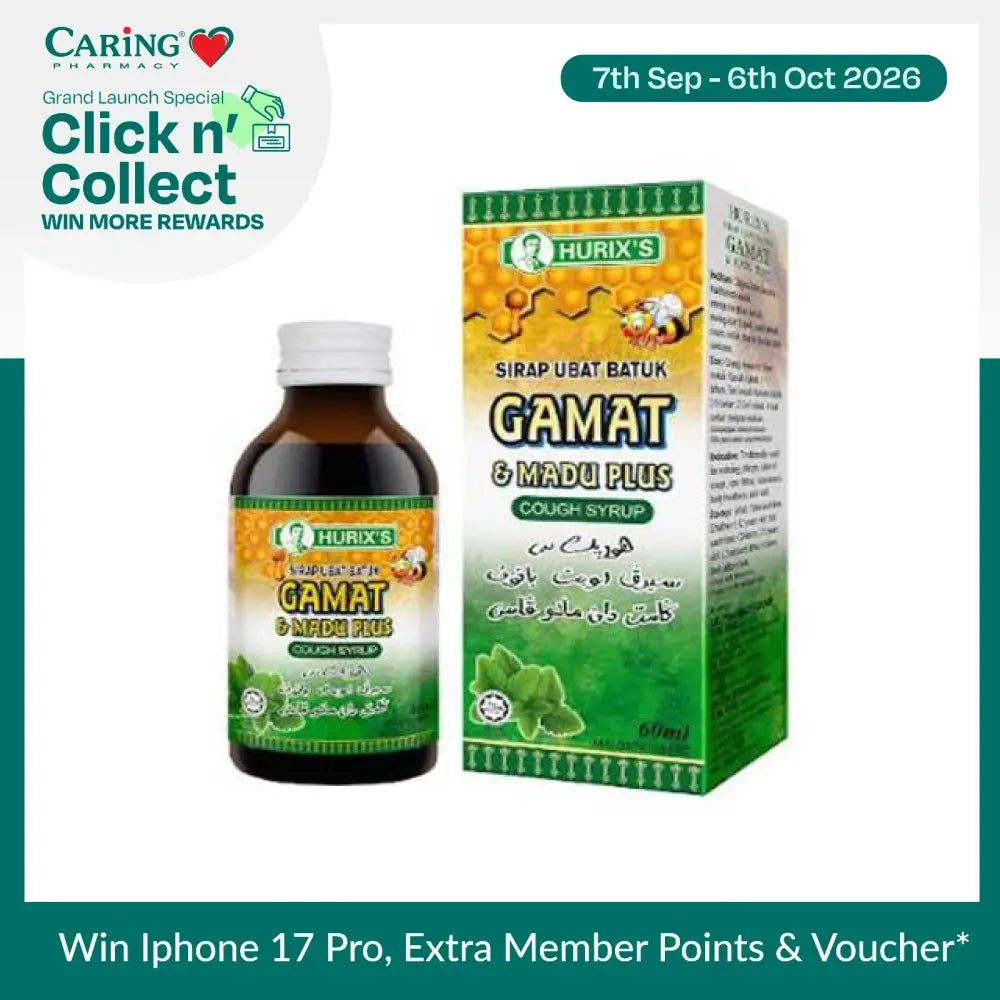 Hurixs cough syrup gamat madu with a 60ml bottle and herbal packaging for effective cough relief