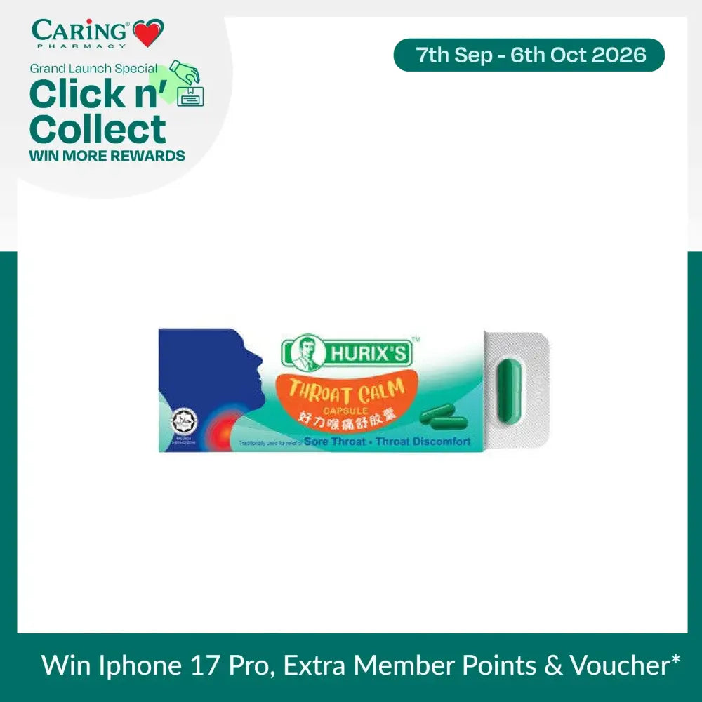 Hurixs Throat Calm Capsule for sore throat in packaging, designed for soothing throat discomfort.
