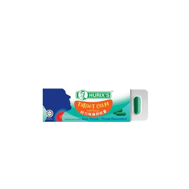 Hurixs Throat Calm Capsule for sore throat in packaging, designed for soothing throat discomfort.