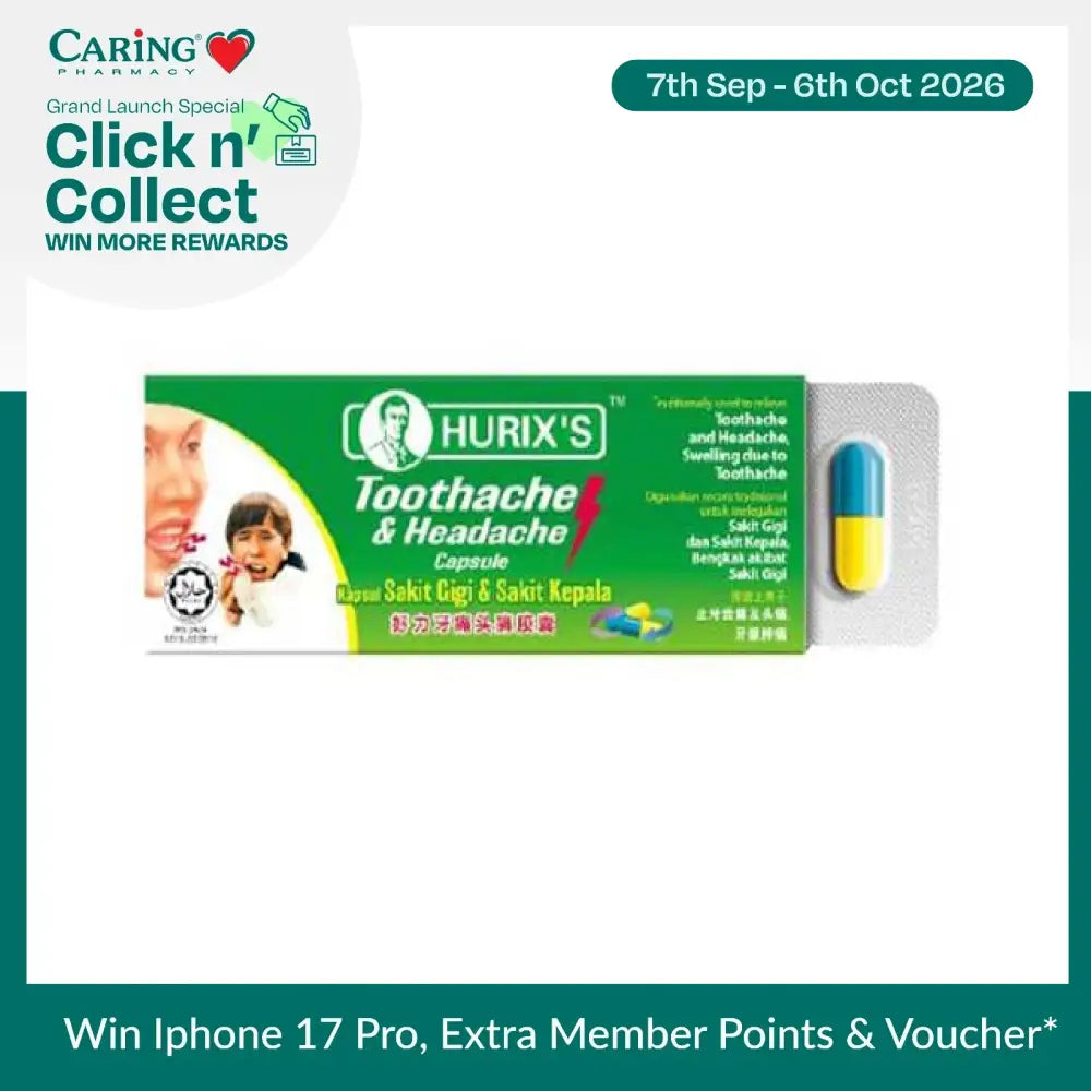 Hurixs toothache and headache capsules packaged for effective pain relief in a green and yellow box