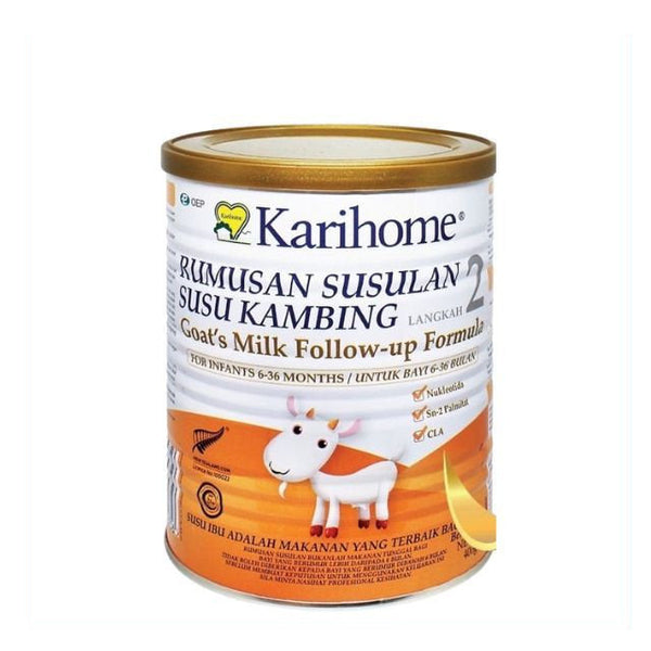 KARIHOME Goat's Milk Follow-up Formula in a tin, suitable for babies 6-36 months.