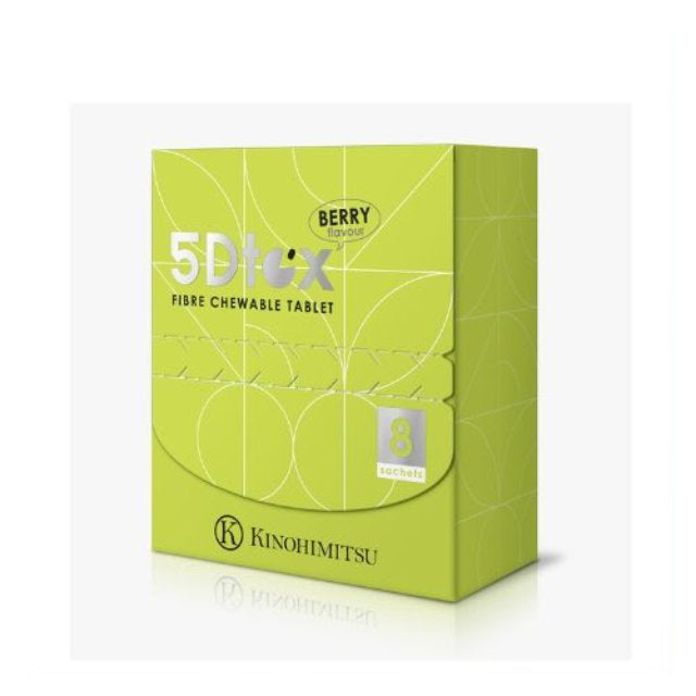 Kinohimitsu 5 Dtox detox tablets in a vibrant green box with berry flavor, containing 8 sachets
