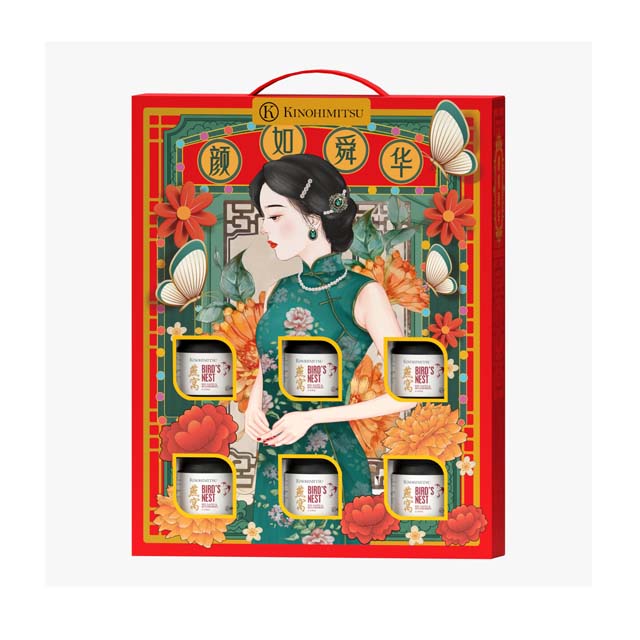 Kinohimitsu bird nest CNY gift pack featuring five elegantly designed jars in festive packaging