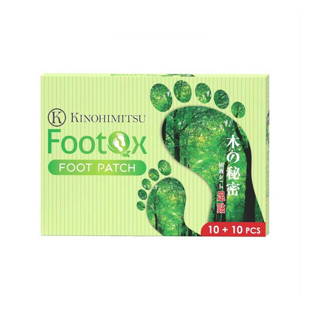 Kinohimitsu foot patch detox box featuring green packaging and foot-shaped design for detoxification