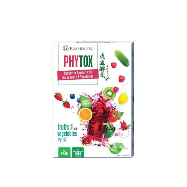 Kinohimitsu Phytox detox supplement raspberry powder with mixed fruits and vegetables for health support