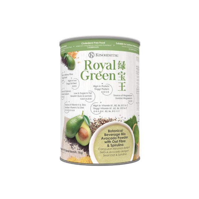KINOHIMITSU Royal Green supplement in a can featuring avocado powder, oat fiber, and spirulina