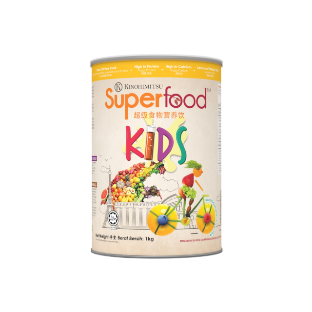 KINOHIMITSU Superfood Kid supplement in a colorful canister for children's health and nutrition
