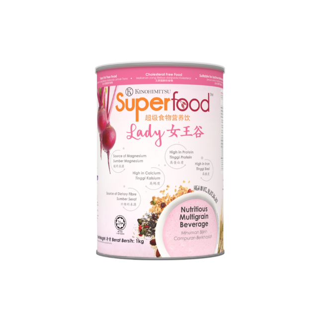 KINOHIMITSU Superfood Lady powder in pink container, a nutritious multigrain beverage for women