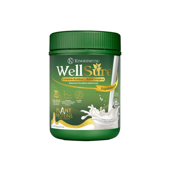 Kinohimitsu Wellsure SugaBalance nutritional powder in green container for complete nutrition